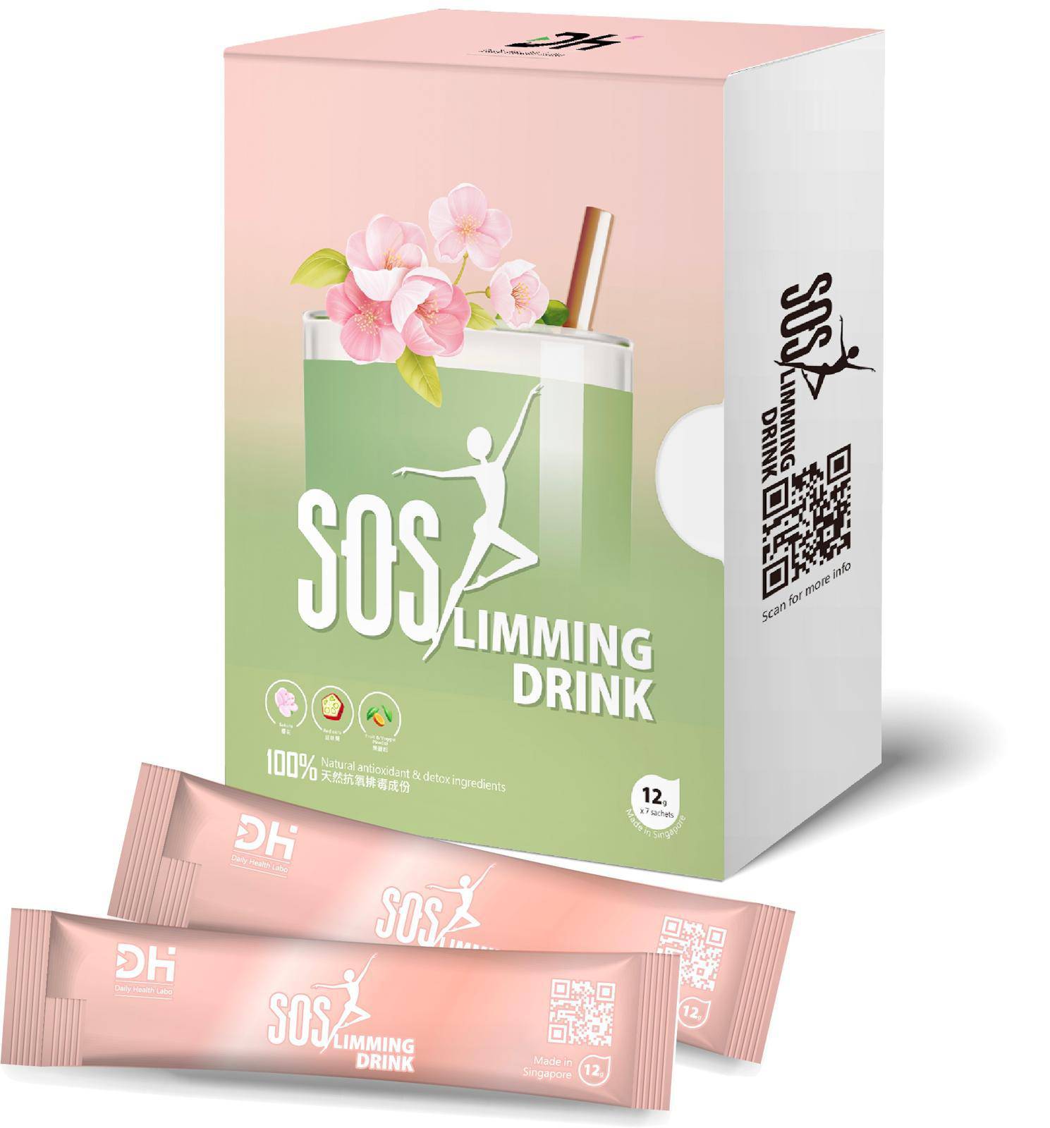 Daily Health Labo SOS瘦身飲,來自新加坡的天然修身飲,展示瓶裝與產品包裝。