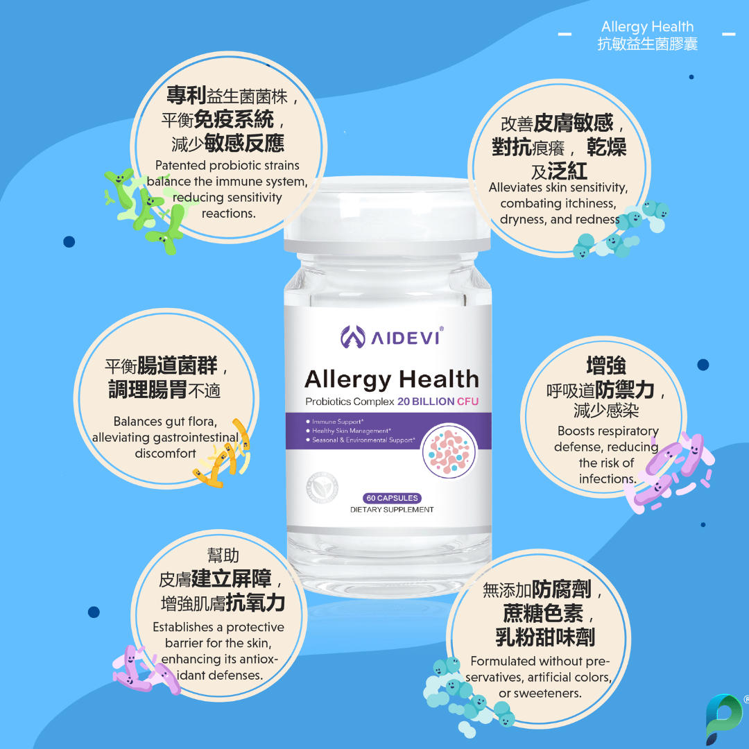 AIDEVI®抗敏免疫益生菌營養補充劑，200億CFU，腸道護理與免疫調節，美國製造。