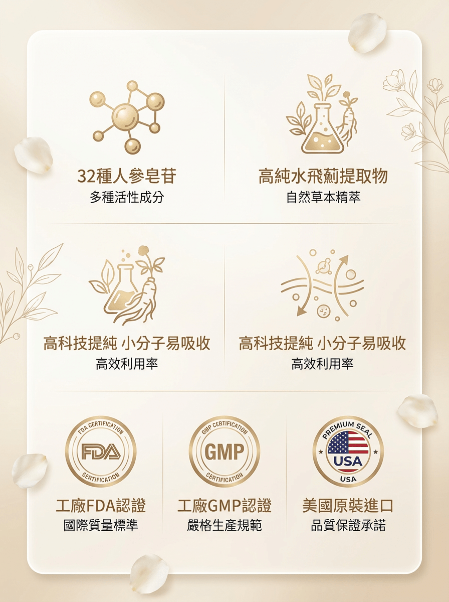 FOPIZ人參皂苷氣血丸營養補充劑，展示瓶身與產品標籤，強調補氣增活力與天然氣血調理功能