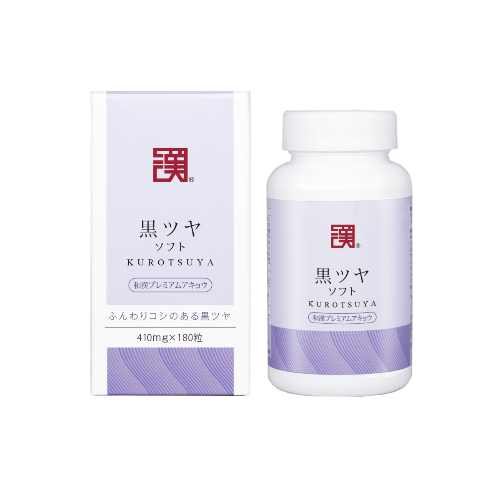 西卡KUROTSUYA黑髮靈產品，展示濃密烏黑秀髮的瓶子和包裝，改善白髮脫髮的自然解決方案