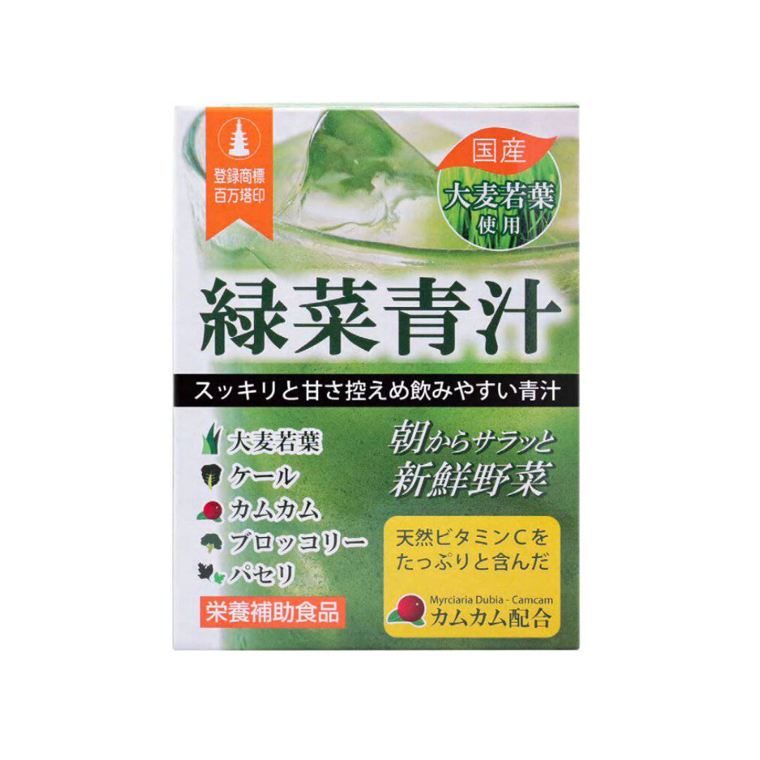 WAKi 綠菜青汁營養補充劑，產品包裝展示多種蔬菜、膳食纖維和維生素的健康配方